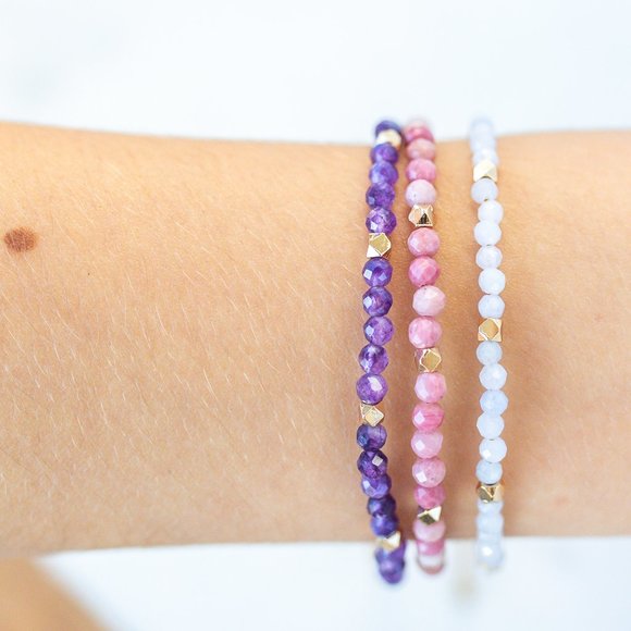 Bracelet 3 Beaded Bracelets Amethyst gemstone Beaded Bracelets Stacking Bracelet - Picture 1 of 14